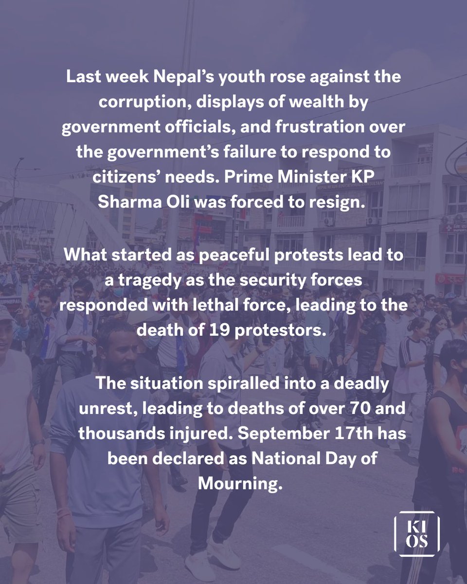 KIOSFoundation's tweet image. Nepal at a Turning Point. When peaceful anti-corruption demonstrations turned tragic, Nepal plunged into a political crisis. Over 70 lives were lost, thousands injured. As the nation mourns, one question emerges: which path will Nepal take?

Read more: kios.fi/en/2025/09/nep…