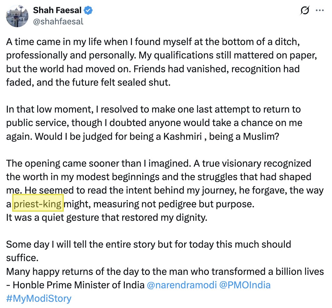 A former advocate of Kashmiri 'Soft Separatism' is now calling Narendra Modi the "Priest King"!

And you're still Blackpilling, anon?