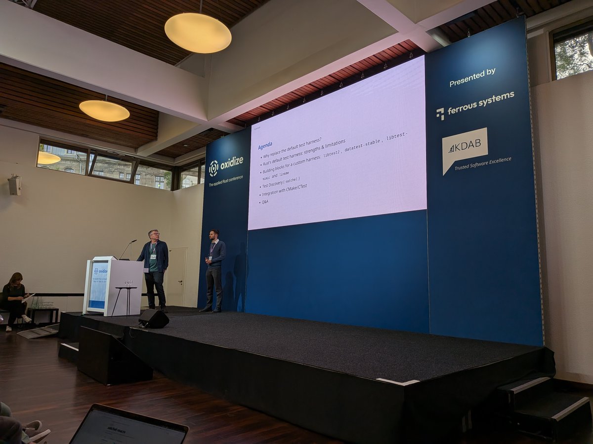 At Oxidize 2025, Manfred Tonch and Leon Matthes presented “Creating a custom test harness for advanced test setups”. They showed how to replace Rust’s default test runner with a customizable harness using libtest-mimic and linkme. #RustLang #Cpp