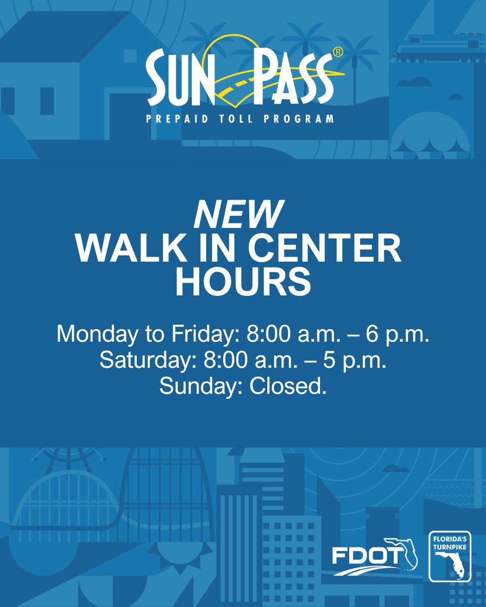 The SunPass Walk-In Centers in Orlando and Tampa will close permanently on Friday, September 19, as we prepare to move to new, upgraded locations!

Our new walk-in centers will officially open on Monday, September 22.

Check back soon for the new addresses!
