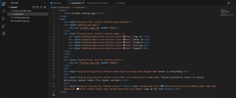Tejas_devv's tweet image. 📌 Day 1 – #100DaysOfCode
&amp;gt; Finished my first mini-project in #100xDevs Cohort 3 warmup – the Zerodha landing page clone!
&amp;gt; Built with HTML + 🎨 styled in CSS
&amp;gt; Takeaway: simple tools = polished results ✨
Shoutout to @kirat_tw &amp;amp; @100xDevs
#frontend #HTML #CSS #webdevelopment