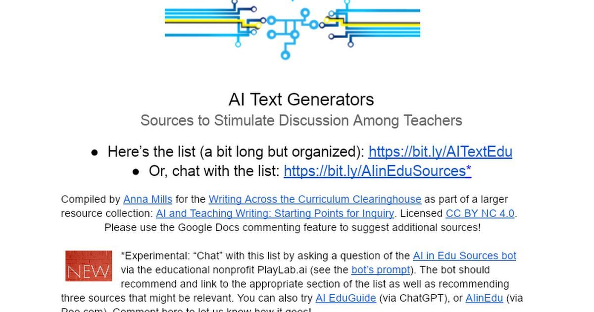 🤖📚 Essential resource for educators navigating AI in writing instruction! Anna Mills compiled this extensive list covering everything from policy statements to creative assignments that incorporate text generators. 
🔗 bit.ly/AITextEdu #AI #edtech #writing #Education