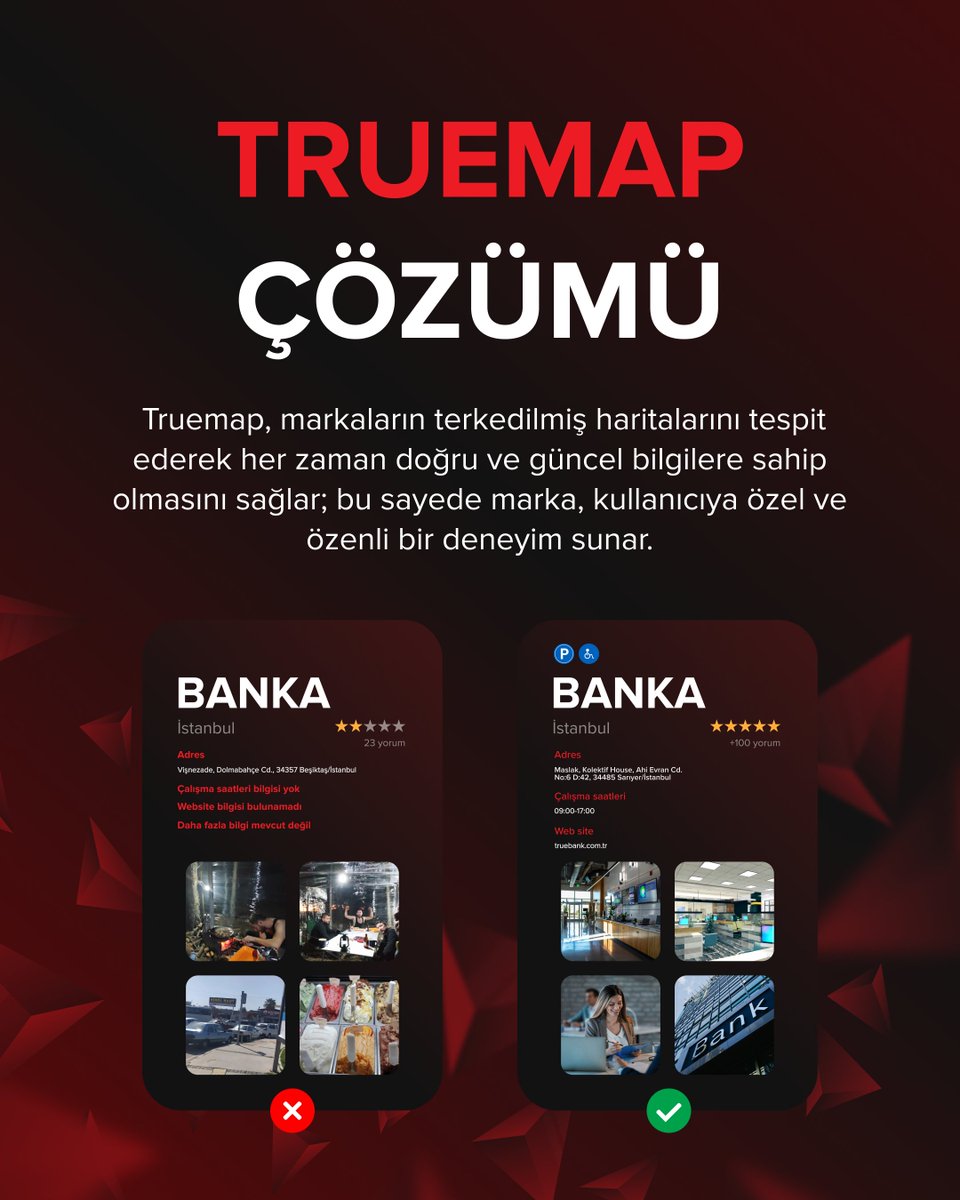Uzun süredir güncellenmeyen, eksik bilgiler içeren ya da işletmeyle ilgisiz görseller barındıran haritalara biz ‘Terkedilmiş Haritalar’ diyoruz.  

#TerkedilmişHaritalar #Truemap #GoogleMaps #AppleMaps #YandexMaps #Truemap