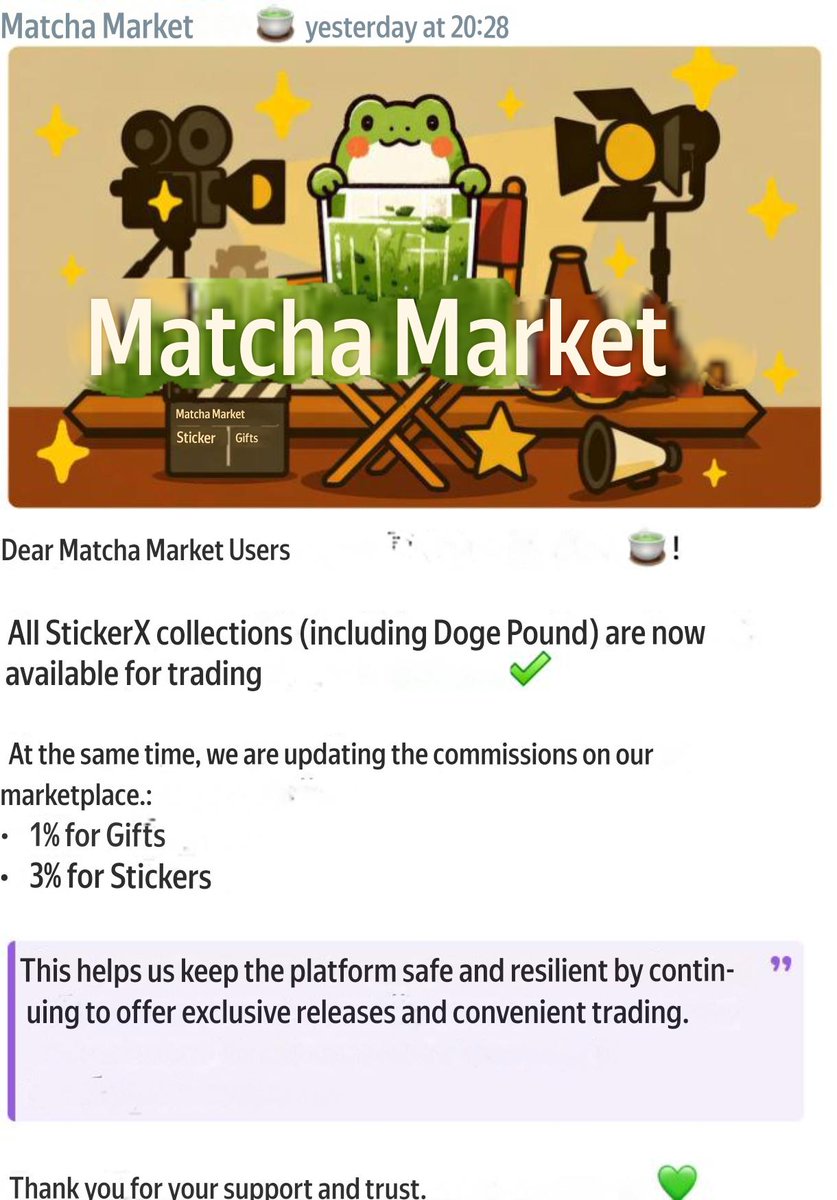 CRYPTO_HOLE1402's tweet photo. 🎉 All trading stickers are now live at StickerX! Don’t miss out—track sales updates at 👉 @matcha_stickers! 📈 #StickerX #TradingStickers #Crypto https://t.co/datFbbp9yn