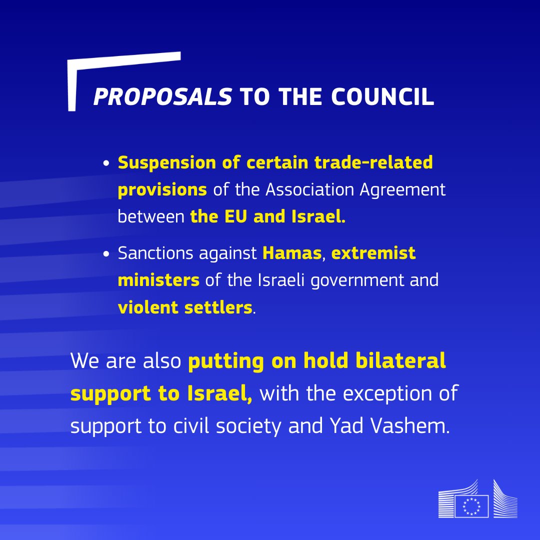 Today we are presenting our proposals to the Council to suspend trade concessions with Israel and to place sanctions on extremist ministers of the Israeli government and on violent settlers.

The horrific events taking place in Gaza on a daily basis must stop.

There needs to be