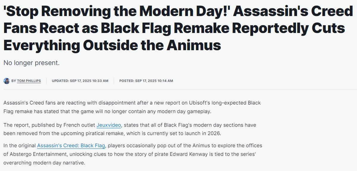 Assassin's Creed "fans" need to shut the fuck up. All they did was complain about the modern day stuff all throughout the 360 era and now we might be getting one without it and they're still moaning.