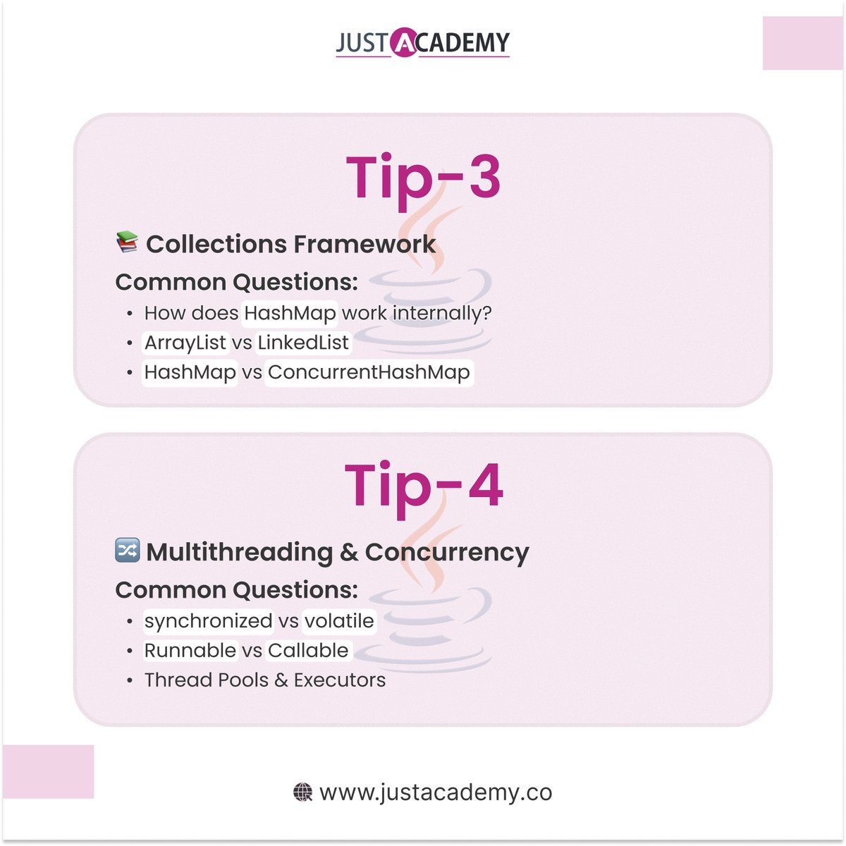 justacademy23's tweet image. Java Interview Ready? Top Questions You MUST Know!
🔥 JVM, JDK, JRE ka difference
🔥 OOP principles simplified
🔥 == vs .equals() — don’t get confused!
🔥 Exception handling basics
🔥 Java Collections overview
🔥 Multithreading explained
#JavaInterview #PlacementPrep #JobHunt
