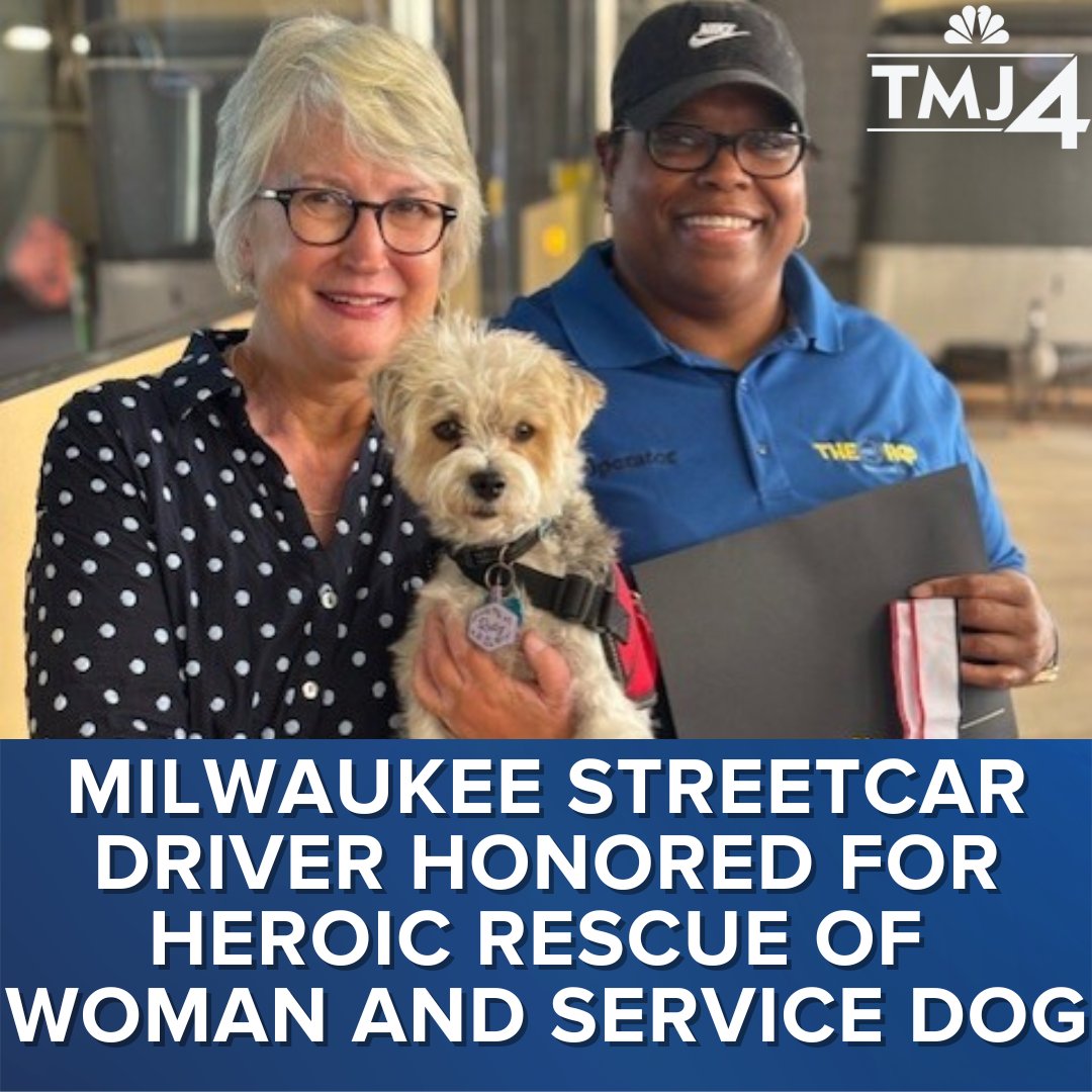 tmj4's tweet photo. A Milwaukee streetcar driver in training received recognition Tuesday for jumping into action to help a woman and save her small service dog from an attack by two larger, off-leash dogs.
Read more: https://t.co/BjiHanre2v https://t.co/m4RrQXFziv