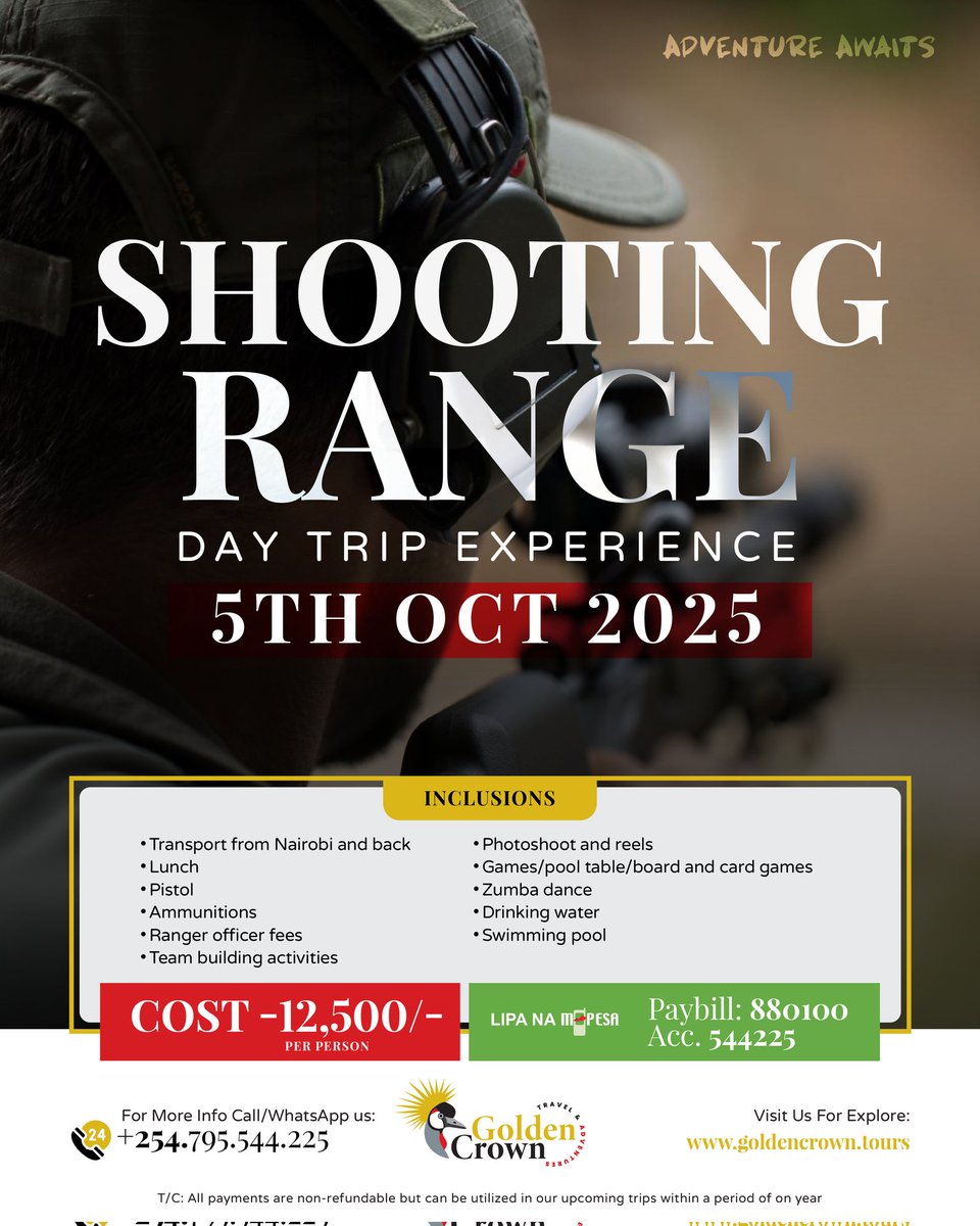 masterbrianke's tweet photo. Due to public demand, we are back with a BANG. 
On the 5th of October, we go back to shoot some guns and have fun while at it.

Start paying now. 
Book with 4,000ksh and finish the rest pole pole 
☎️ 0795544225 https://t.co/G6SBkP1I2Z