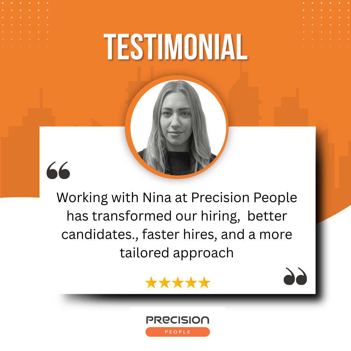 RecruitPrec's tweet image. We’re thrilled to share some fantastic feedback about our very own Nina 👇

“Working with Nina at Precision People has transformed our hiring, better candidates, faster hires and a more tailored approach. 

#PrecisionPeople #Recruitment #Manufacturing #Engineering #Teamwork
