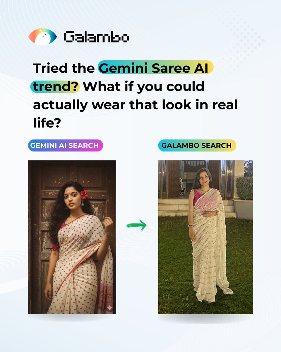 GalamboAI's tweet photo. The Gemini Saree AI trend is making timelines dreamy — but what if those sarees weren’t just edits? Fashion made visual with smarter AI visual search platform.
#Galambo #VisualSearch #AITrends #gemini #AI #geminiai #explore #explorepage #google #share #trendingsaree #geminiseason https://t.co/mtpNbCjaur