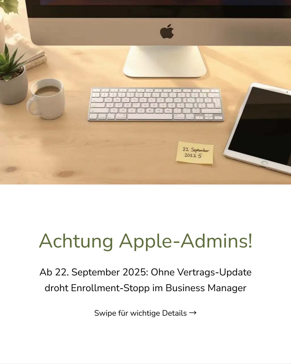🚨 Wichtige Info für alle Apple-Admins!
Betroffen: iOS, iPadOS, macOS, tvOS, visionOS

Mehr Infos &amp; was zu tun ist im Artikel: ➡️ anyplace-it.de/achtung-apple-…

#AppleBusinessManager #MDM #AppleAdmin #DeviceManagement #ITSupport #AppleDeployment