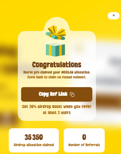 Seems worth it to claim the @Moolah_nad tokens 

Eligibility : At least 50 txns on <a href="/monad_xyz/">Monad</a> testnet 

Referral link if required : airdrop.moolahnad.xyz/?ref=JL0WMFNZC6