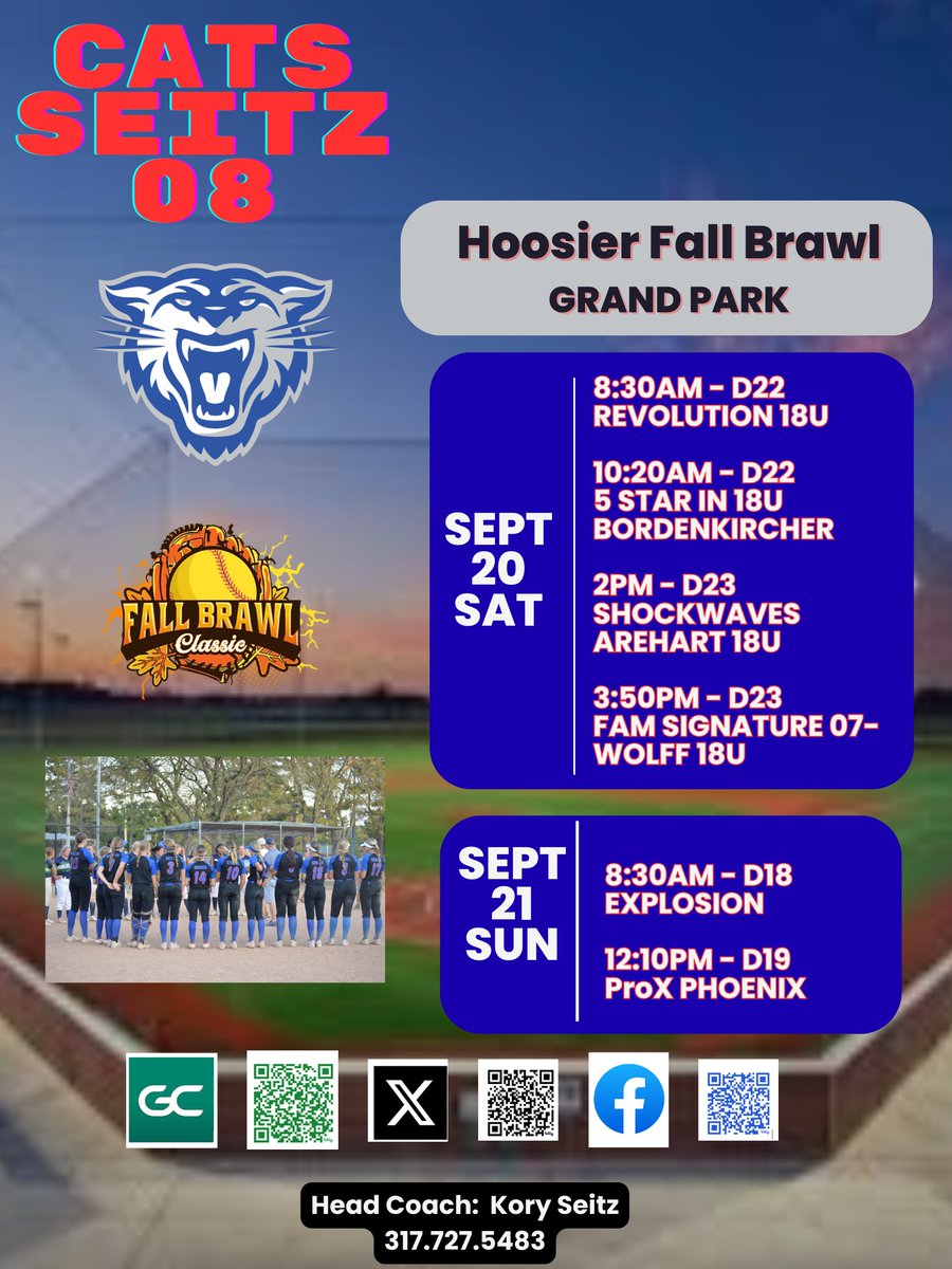 Catch us in action this weekend at the Hoosier Fall Brawl at Grand Park! 🥎💪
📅Sat, 9/20
🕣8:30A – REVOLUTION 18U (D22)
🕙10:20A – 5 STAR IN 18U(D22)
🕑2P – SHOCKWAVES 18U (D23)
🕓3:50P – FAM SIGNATURE 07 (D23)
📅Sun, 9/21
🕣8:30A – EXPLOSION (D18)
🕛12:10P – PROX PHOENIX (D19