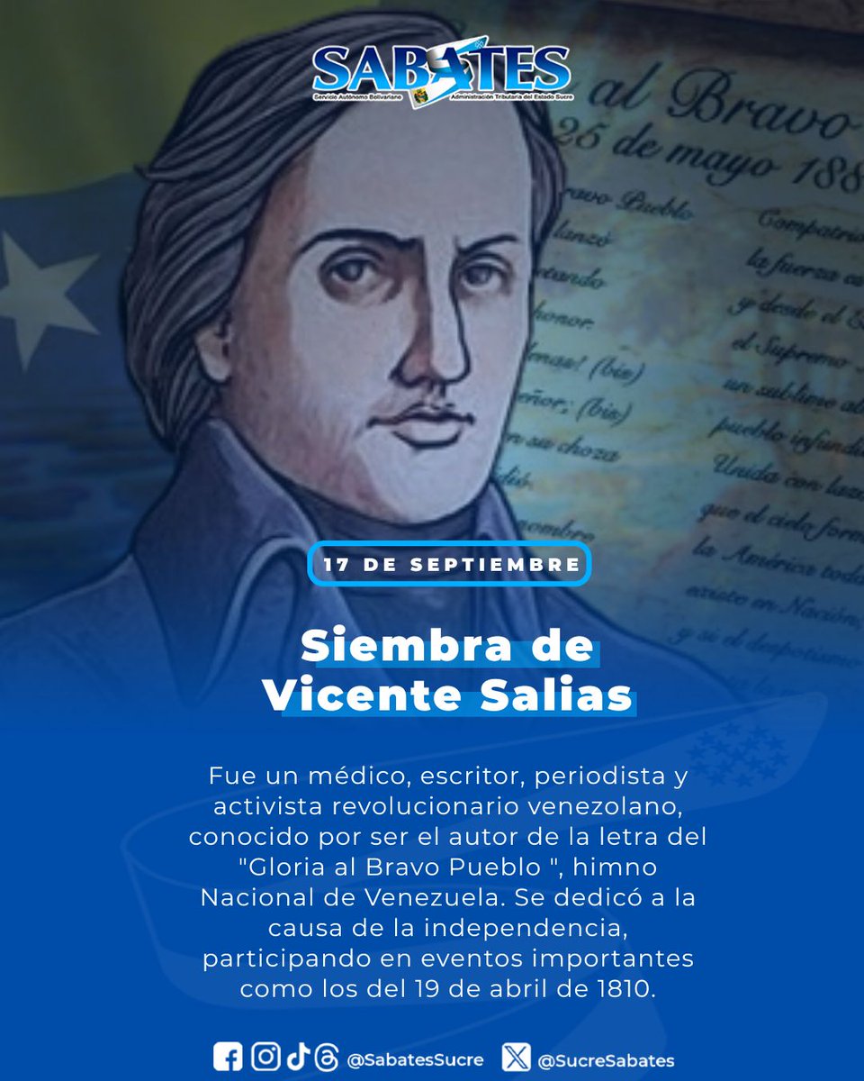 #Efemerides | Vicente Salias fue un médico, escritor y activista venezolano, nacido en Caracas en 1776. Es principalmente reconocido por haber escrito la letra de "Gloria al Bravo Pueblo", el Himno Nacional de Venezuela.