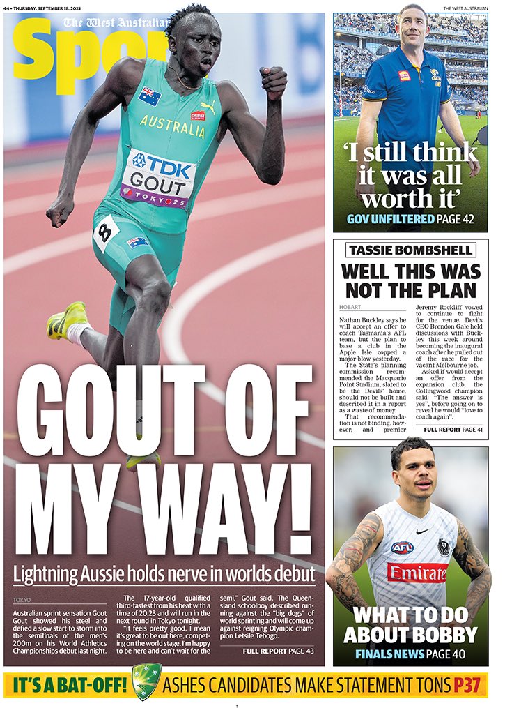 The back page of tomorrow’s <a href="/westaustralian/">The West Australian</a> ⚡️

<a href="/TheWestSport/">The West Sport</a>