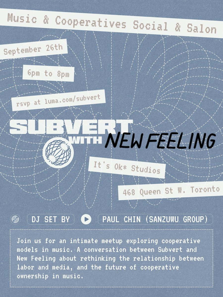 Toronto! 

Our friends at <a href="/subvertworld/">Subvert</a> are stopping by next week, so we're co-hosting a meet up and chat Friday, September 26th at It's OK*, 6pm-8pm.

DJ Set by <a href="/ohyeahpaulchin/">Paul Chin • 陈保罗 🇵🇸</a> 

RSVP here: 
luma.com/subvert