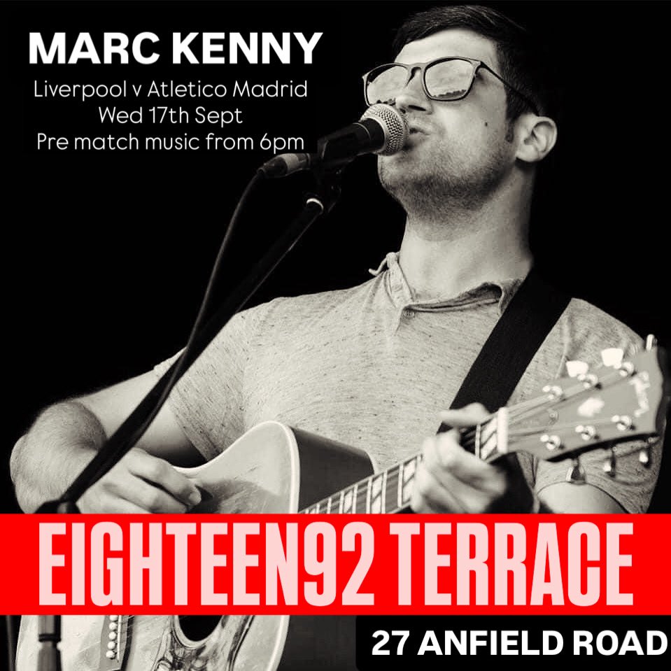 Liverpool v Athletico Madrid

Pre match music tonight at EIGHTEEN92 TERRACE Anfield Rd from 6pm, get down early for a warm up with some tunes &amp; plenty of drink on offer. Food available from 4pm