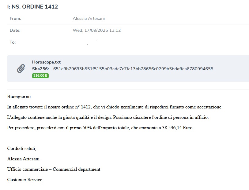 JAMESWT_WT's tweet photo. "I: NS. ORDINE 1412"
#malware #FailedToSend 

Attachment is a simple txt https://t.co/whajMaqj9H