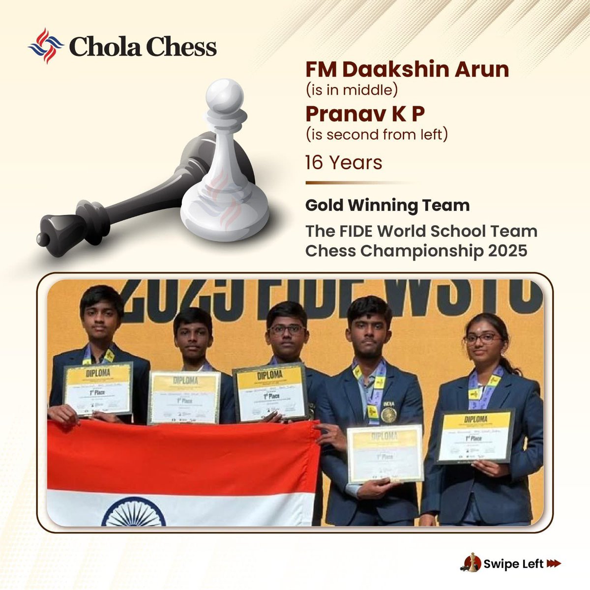 CholaChess's tweet image. Gold for India at the FIDE World School Team Chess Championship 2025! 

FM Daakshin Arun, Pranav KP and WFM Keerti Shree Reddy were part of the Indian squad that clinched the Team Gold Medal. 

Pranav K P shone bright with an Individual Board Gold Medal, showcasing remarkable…