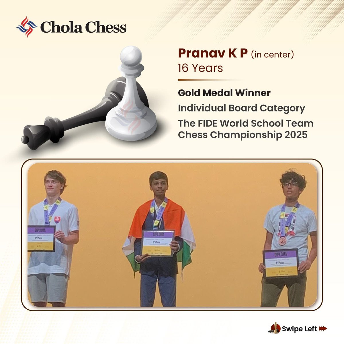 CholaChess's tweet image. Gold for India at the FIDE World School Team Chess Championship 2025! 

FM Daakshin Arun, Pranav KP and WFM Keerti Shree Reddy were part of the Indian squad that clinched the Team Gold Medal. 

Pranav K P shone bright with an Individual Board Gold Medal, showcasing remarkable…