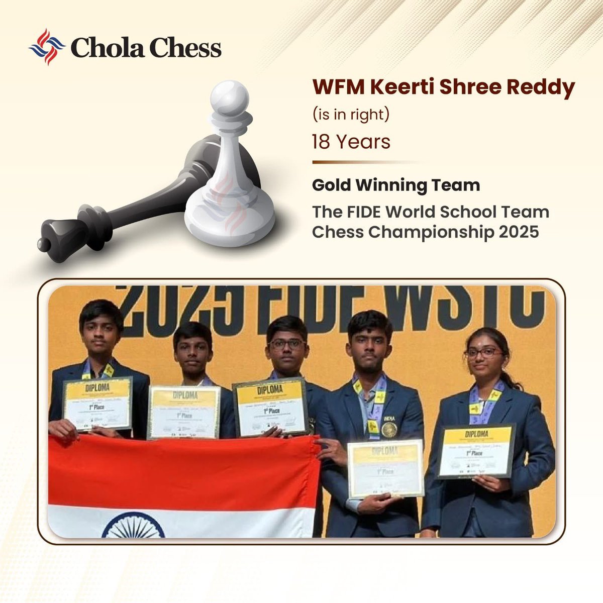 CholaChess's tweet image. Gold for India at the FIDE World School Team Chess Championship 2025! 

FM Daakshin Arun, Pranav KP and WFM Keerti Shree Reddy were part of the Indian squad that clinched the Team Gold Medal. 

Pranav K P shone bright with an Individual Board Gold Medal, showcasing remarkable…