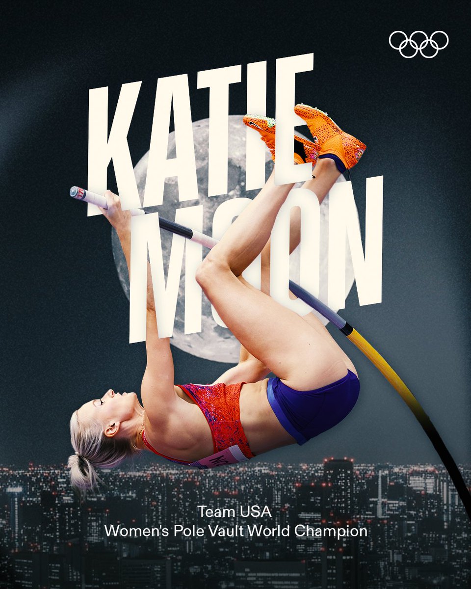 Olympics's tweet image. Back in Tokyo, back on top! 🌙 

Katie Moon takes the women's pole vault world title, with a height of 4.90m - the Olympic Champ from #Tokyo2020 just loves this stadium! ❤️‍🔥 

#WorldAthleticsChamps | #RoadToLA28