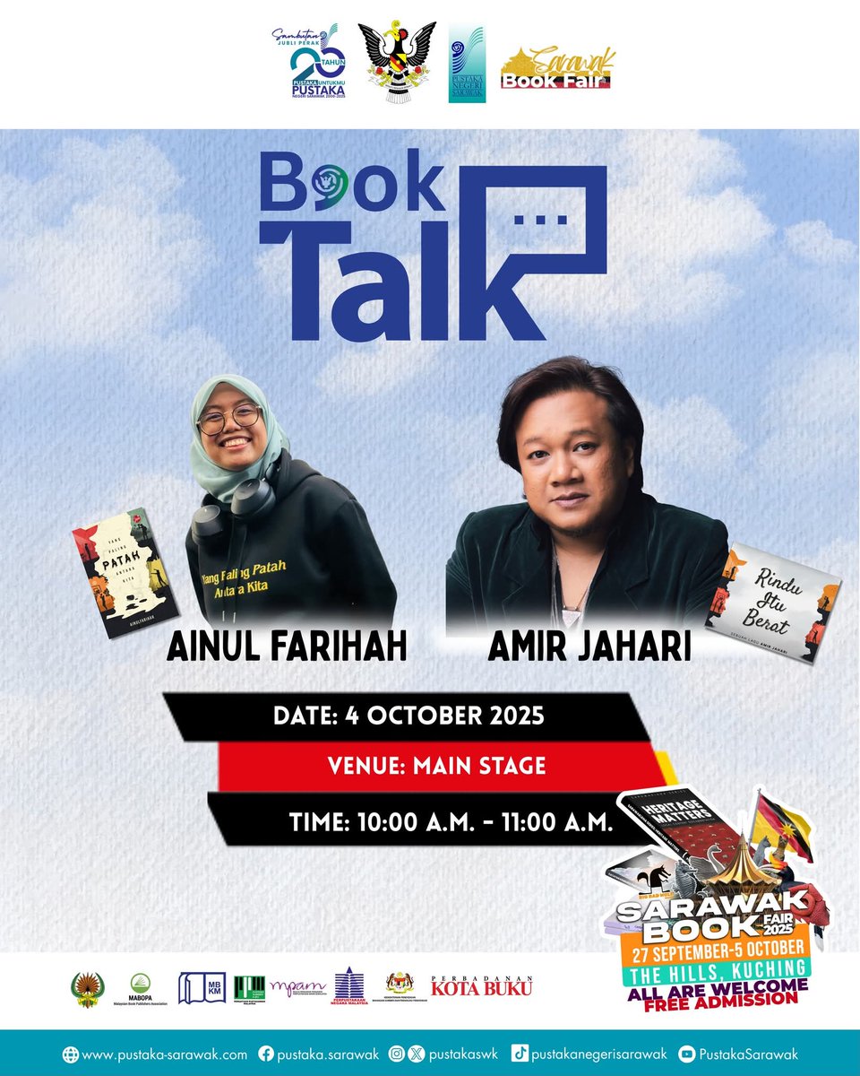 27/9 - 5/10 Sarawak Book Fair.

Pada 4/10/2025 Hayati bersama dengan Amir Jahari dan Ainul Farihah...  kisah penuh emosi Yang Paling Patah Antara Kita dan mendalami lirik lagu Rindu Itu Berat. Sama-sama kita lihat bagaimana karya sastera dan muzik mampu menyentuh soal cinta,