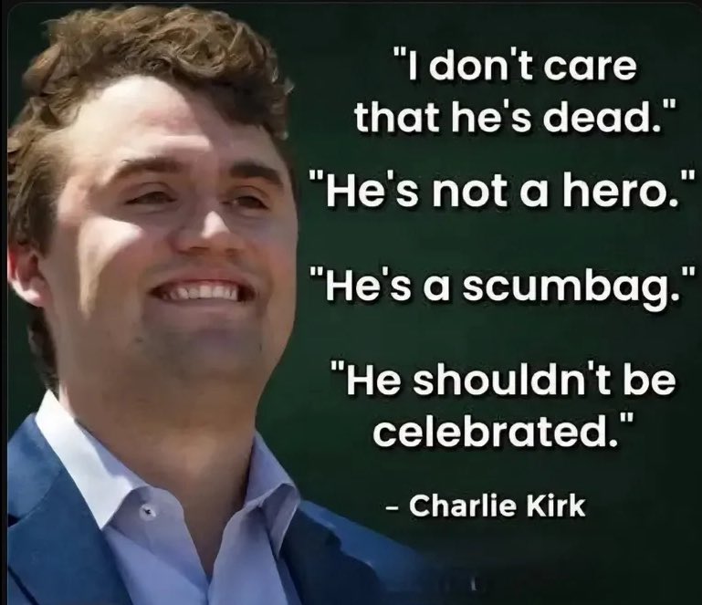 AnnaDeMilanese's tweet photo. „Es ist mir egal, dass er tot ist.“
„Er ist kein Held.“
„Er ist ein Dreckskerl.“
„Er sollte nicht gefeiert werden.“ - Das hat Charlie Kirk 2020 zum Tod von Floyd George gesagt. https://t.co/px4PG4jt01