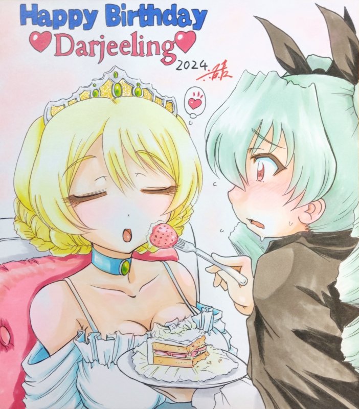 ダーさまはぴばー!!去年の既存色紙絵でなんだがお誕生日祝いに乗るよー 思えば個人的に初めて大洗の地に立ったのが天候影響でダー誕チョビ誕が合同になった年なので今でもこのふたりのペア感が強い  #ダージリン生誕祭 