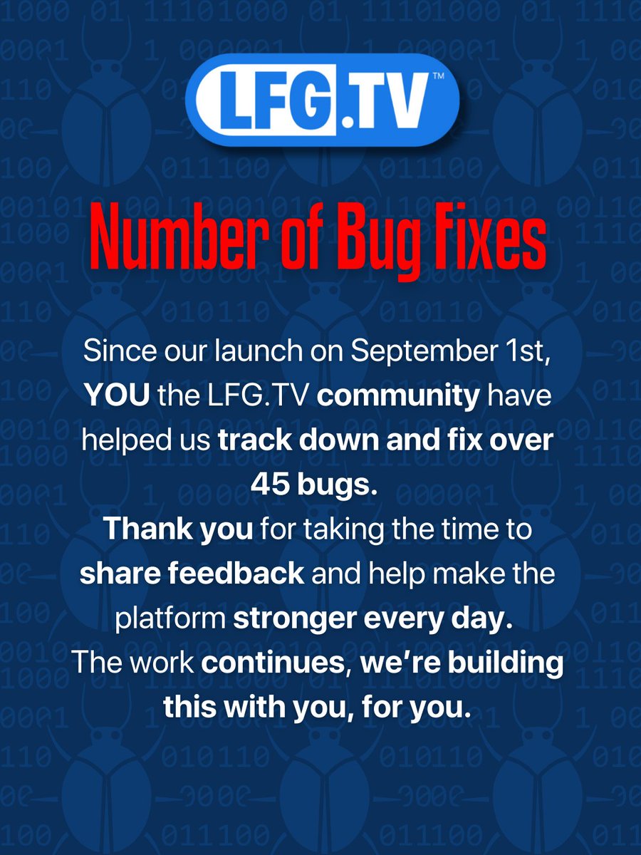 🚀 We’ve Been Busy Behind the Scenes!
Since our last update, we’ve fixed or improved over 20 different items across LFG.TV — all to make your experience better. 🎛️✨
Our team is working hard every day to: