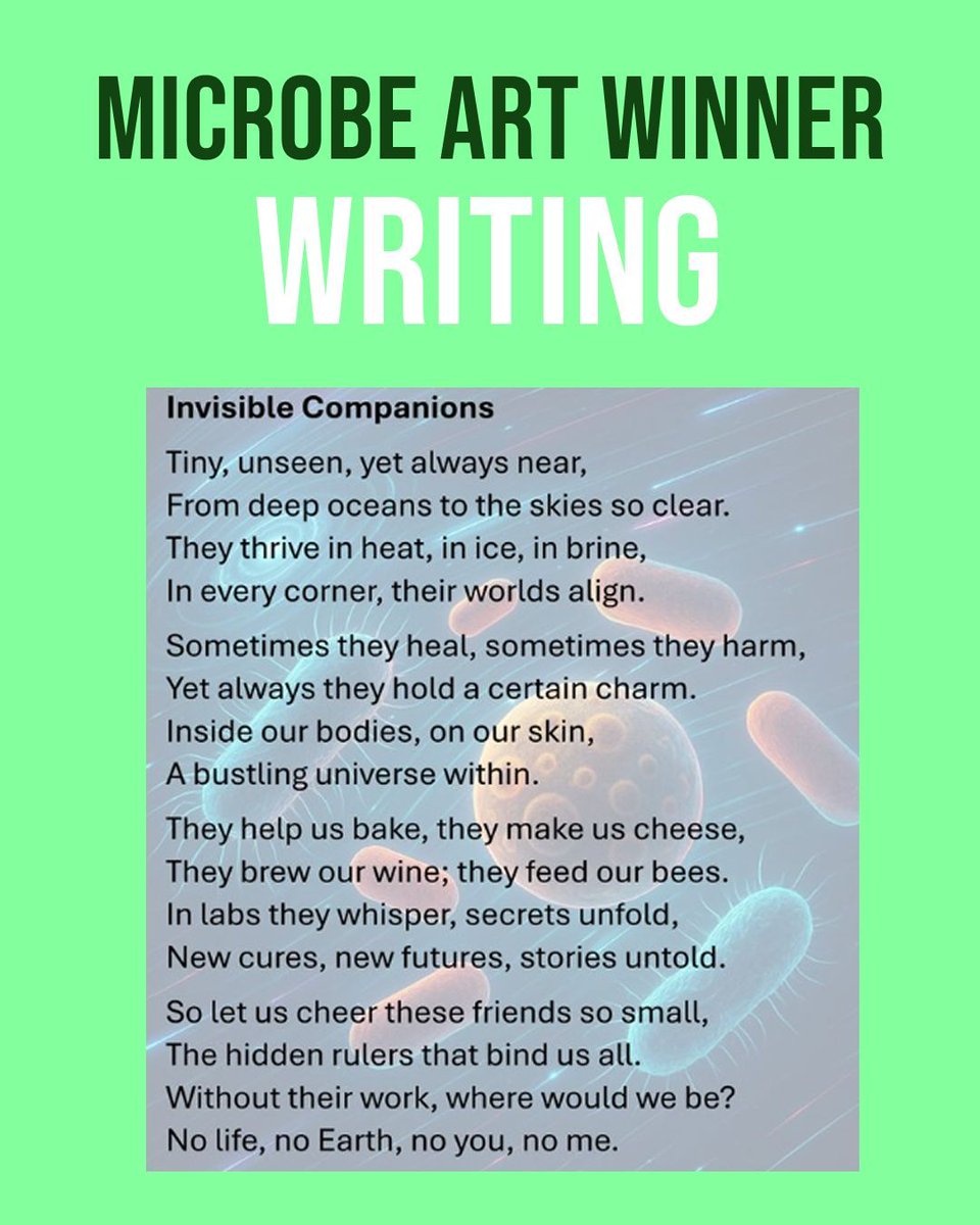 IntMicroDay's tweet image. A huge congratulations to 🎉 @joanacbarbosa 🏆, the winner of the #MicrobeArt2025 Best Poetry award✨ Her heartfelt poem 💖 is a powerful tribute to the unseen beauty 🌿🔬 and importance of microbes, truly celebrating the microbial world 🌎🦠. 

#InternationalMicroorganismDay