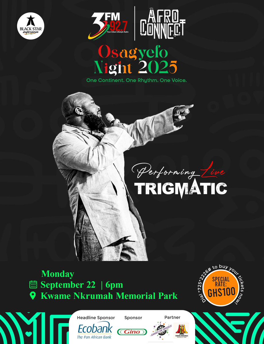 TICGhana's tweet photo. Experience the Legacy! ✨🇬🇭

Join us on 22nd September at 6PM at the Kwame Nkrumah Memorial Park for #OsagyefosNight2025Concert, a musical celebration of Nkrumah’s impact.

@trigmaticrocks and other amazing acts will honor his legacy with an unforgettable night of music. 🎶 https://t.co/AJxGpNMidS
