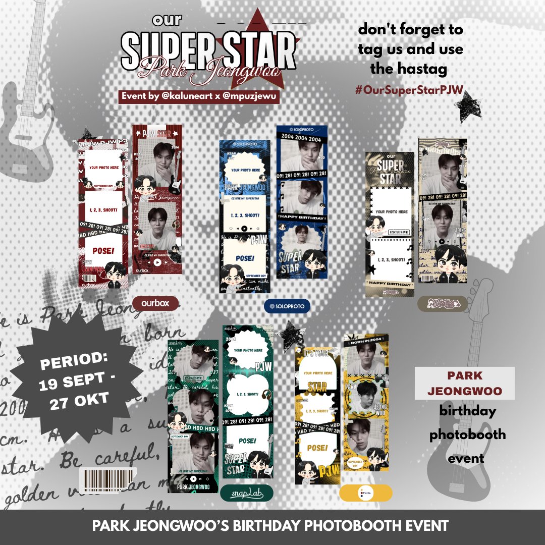 kaluneart's tweet photo. 🎸⭐️OUR SUPERSTAR PJW⭐🎸
‧°𖦹Park Jeongwoo Birthday Photobooth𖦹°‧

Event by : @kaluneart x @mpuzjewu

📆 : 19 sep - 27 okt 2025
📍 : @ selfietime, palette_id, snaplab, solophoto, ourbox
🔎 : more detail on poster

Use the hastag #OurSuperStarPJW , and kindly tag us too!💗 https://t.co/fDS7cUUzfl
