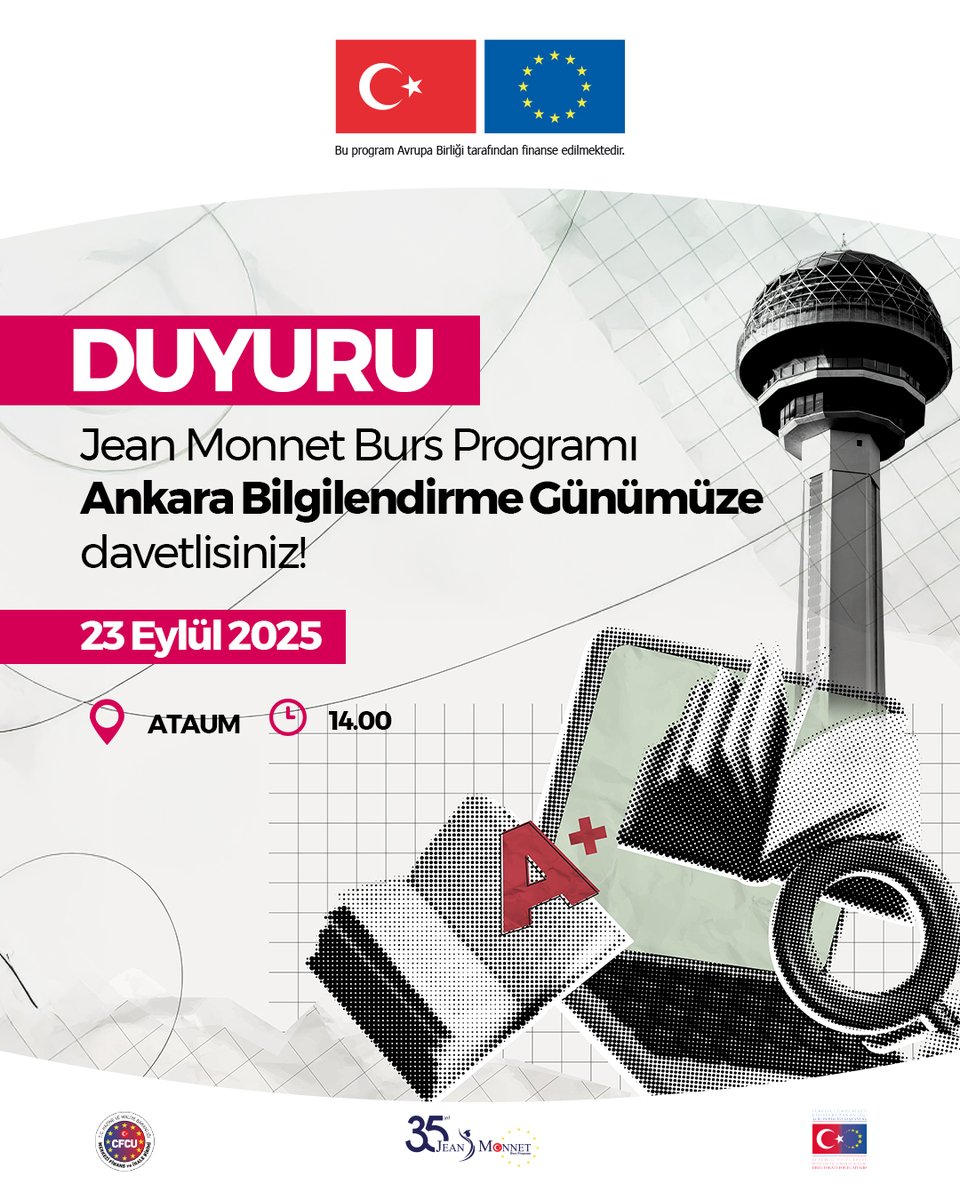 23 Eylül’de Merkezimizde düzenlenecek Jean Monnet Burs Programı etkinliğine katılarak programı daha yakından tanıyabilir ve 2026-27 akademik yılı duyurusuna ilişkin detaylı bilgi edinebilirsiniz. Kayıt için doldurulması gereken kayıt formu: forms.gle/f1DRcekKpfMduT…
<a href="/ABBaskanligi/">T.C. Dışişleri Bakanlığı Avrupa Birliği Başkanlığı</a>