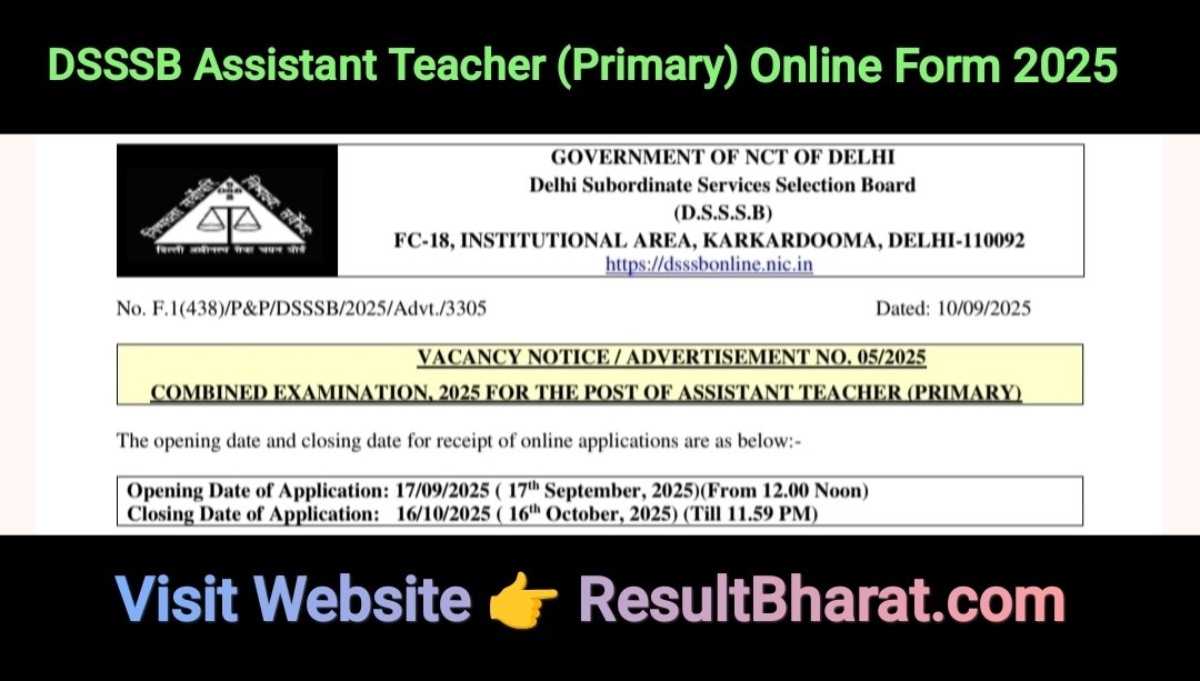 resultbharat's tweet image. 💥 DSSSB Assistant Teacher (Primary) Online Form 2025 - आवेदन शुरू। ✈️
📌 Advt. No.: 05/2025
📊 Total Vacancies: 1180 Post
⏳ Last Date: 16 October 2025
#DSSSB #AssistantTeacher #DelhiJobs #TeachingJobs #ResultBharat
🔗 Apply Link : 👇
👉 resultbharat.com/DSSSB-Asst-Tea…