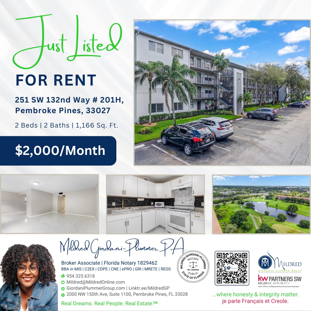 MildredGP's tweet image. Just Listed: 251 SW 132nd Way # 201H, Pembroke Pines, 33027
Offered at $2,000/Month
2 Beds | 2 Baths | 1,166 Sq. Ft.
#ListingAlert #JustListed #ForRent #PembrokePines #PembrokePinesRealEstate #BrowardRealEstate #BrowardRealtor #Realtor #Broker #KWPartnersSW #KW