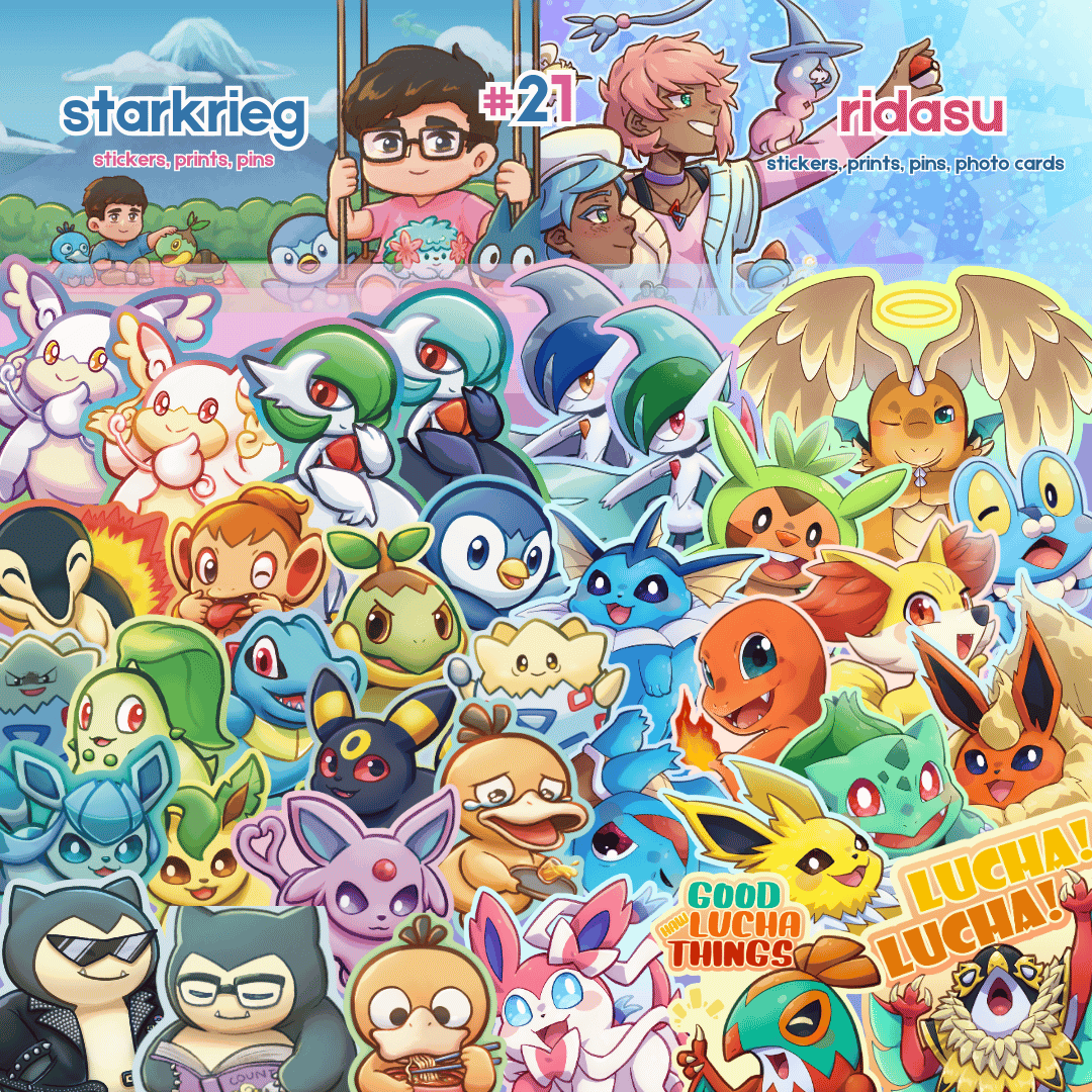 floofities's tweet photo. Ridasu and @starkrieg return to #pokeconph!

This year, we're launching themed merch: Starkrieg's ghost story👻 and Ridasu's fairy tale💖, which will be available as sticker sheets, A5 prints, and tote bags (limited stocks only).
[1/3] https://t.co/ZCeZzTXD1h