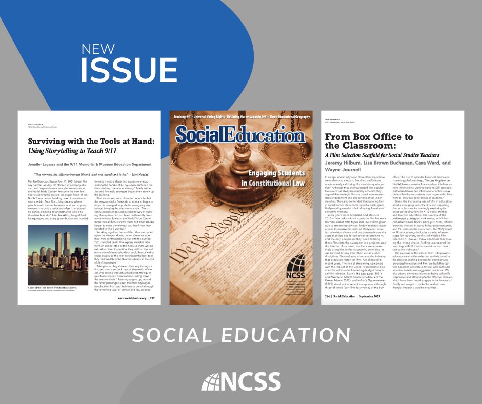 📰 The September Issue of Social Education is online now and headed to your mailbox! 

We invite our subscribers to explore the rich variety of topics that include how to use storytelling to teach 9/11, three-dimensional geography in elementary grades, and teaching civic