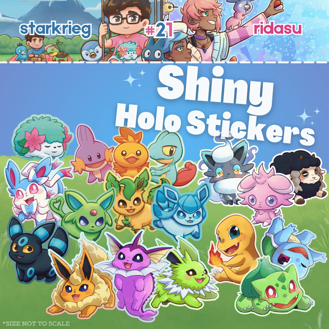 Ridasu and <a href="/starkrieg/">Starkrieg ⭐</a> return to #pokeconph!

This year, we're launching themed merch: Starkrieg's ghost story👻 and Ridasu's fairy tale💖, which will be available as sticker sheets, A5 prints, and tote bags (limited stocks only).
[1/3]