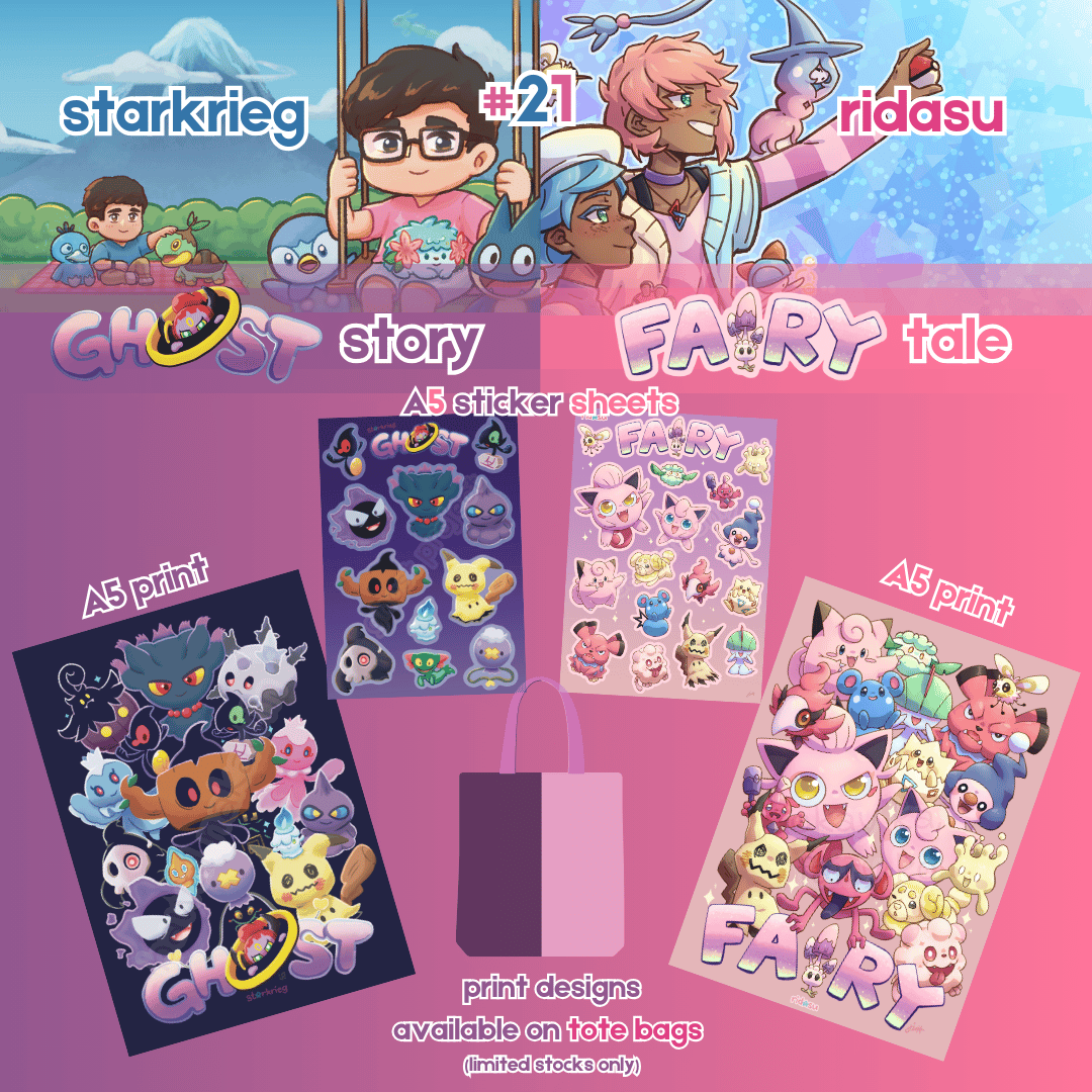floofities's tweet photo. Ridasu and @starkrieg return to #pokeconph!

This year, we're launching themed merch: Starkrieg's ghost story👻 and Ridasu's fairy tale💖, which will be available as sticker sheets, A5 prints, and tote bags (limited stocks only).
[1/3] https://t.co/ZCeZzTXD1h