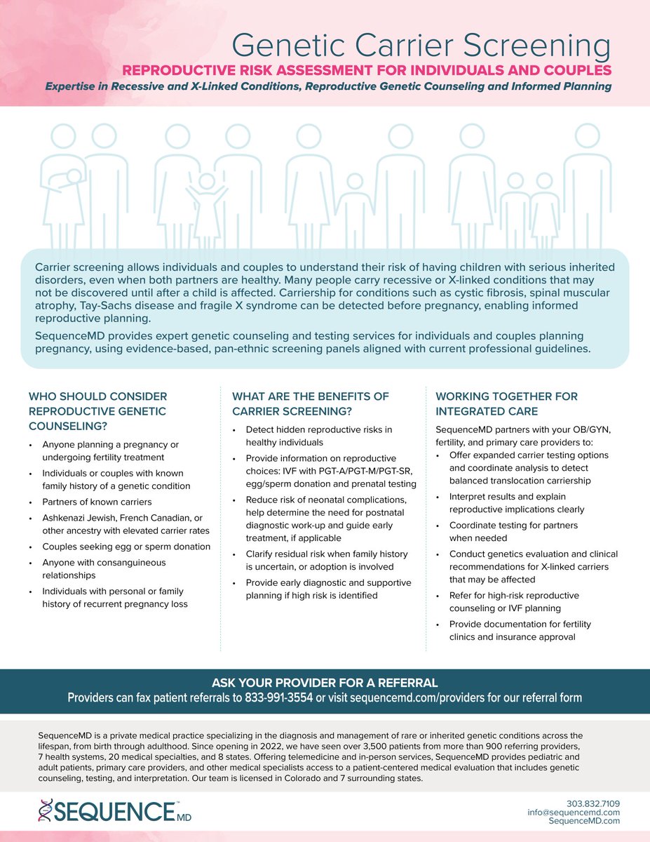SequenceMd's tweet photo. Carrier screening can uncover hidden risks for inherited conditions like CF, SMA, or fragile X. SequenceMD offers expert counseling + evidence-based panels so you can make informed choices when starting a family.

#CarrierScreening #GeneticsTesting #SequenceMD https://t.co/StcqqUfr3B