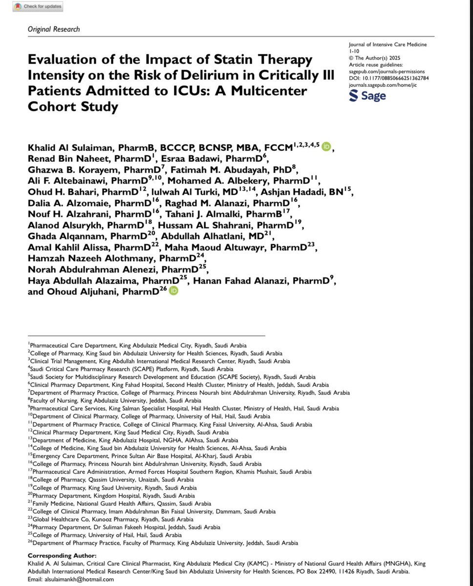 Excited to share that our paper titled “Evaluation of the Impact of Statin Therapy Intensity on the Risk of Delirium in Critically Ill Patients Admitted to Medical ICUs: A Multicenter, Retrospective Cohort Study” has been published in the Journal of Intensive Care Medicine - Sage