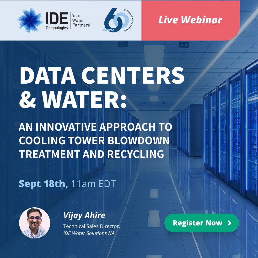 ⏳ 1 day left! Join Vijay Ahire tomorrow at 11 AM EDT as he dives into data centers’ huge water use and how IDE tackles it with innovative solutions, like cooling tower blowdown recycling. 💧 Register: hubs.la/Q03JFckn0