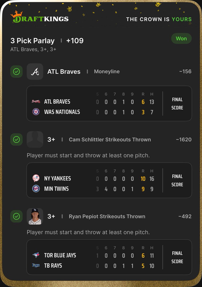 Cashed in a few more slips last night. Continuing our trend of builder style plays to prep us for weekend action. Getting close to glorious Saturday!! 💰 ✅ 

#ABL #GamblingX #BettingPicks #DraftKings #NFL #MNF #MLB #WNBAPlayoffs #CollegeFootball