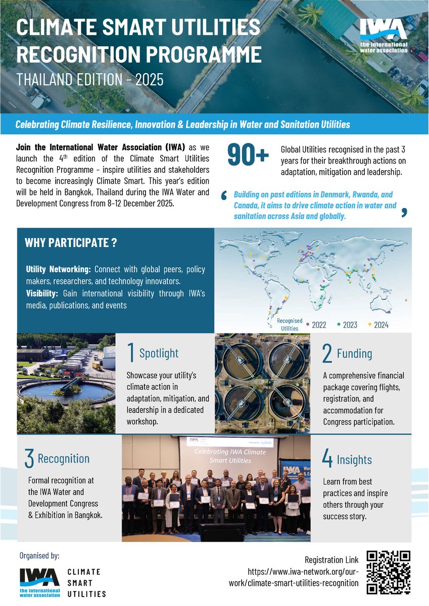 IWAHQ's tweet photo. 📢 Applications open for the fourth #ClimateSmartUtilities Recognition!
Showcase your #water & #sanitation utility’s climate-smart vision in adaptation, mitigation & leadership. Travel covered for winners! Deadline: 24 Sept 2025.
Apply now: https://t.co/bJPTZpG8rp https://t.co/1WDyr9hOxi
