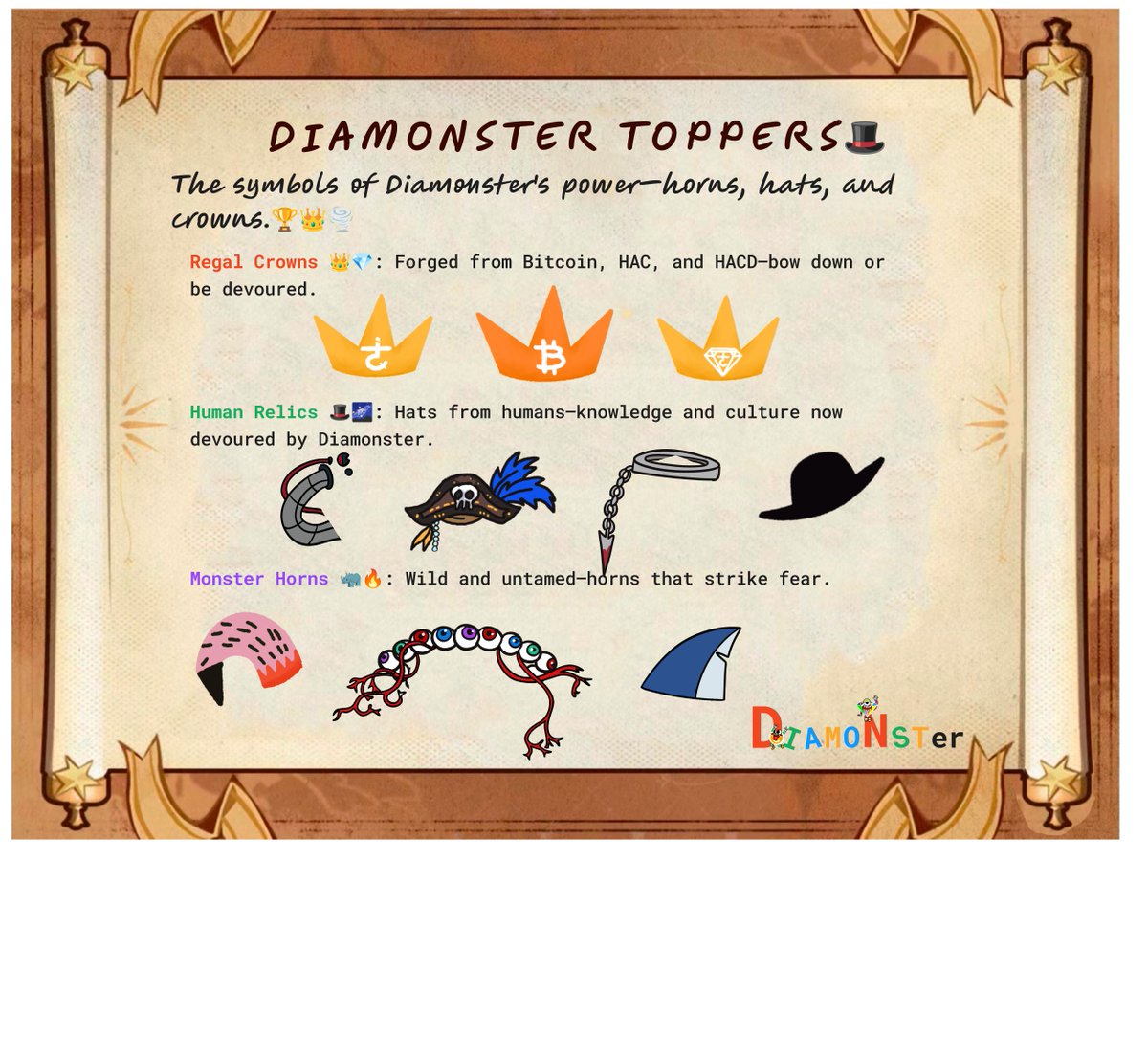 Artist_Yara's tweet photo. Yara’s manual uncovered the toppers of the #Diamonsters 👑🎩🦄

👉Regal crowns forged from $BTC, $HAC, and $HACD
👉Human relics stolen from our own culture.
👉Monster horns wild and untamed, built to strike fear.

Every headpiece tells a story of power and hunger 👁️
#Hacash https://t.co/um6mzSNjyU