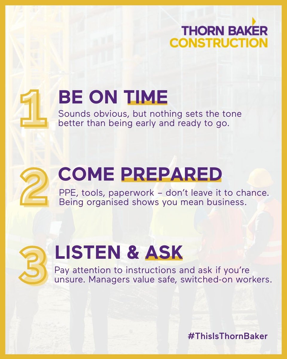 ThornBakerConst's tweet image. Word of mouth can go a long way. If you want to be front of mind for the best opportunities, here are 3 tips to impress your Site Manager from day one.

Check our current vacancies: obi41.nl/8vs2c528

#GoodImpression #Onsite #Projects #BestStaff #ThisIsThornBaker #Jobs