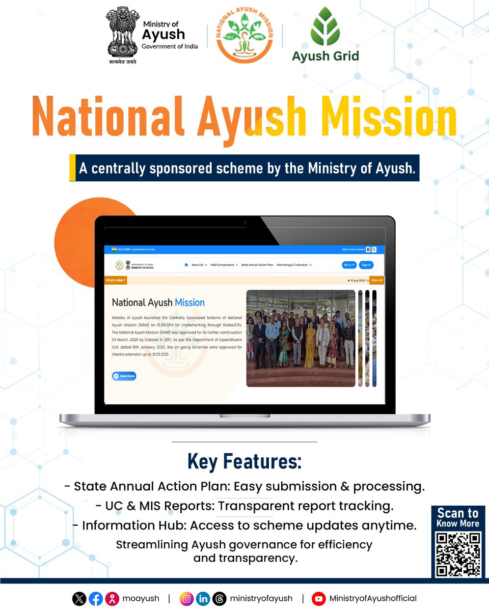 moayush's tweet image. The NAM Portal streamlines the implementation of the National Ayush Mission by enabling:

- Online SAAP submission &amp;amp; processing
- UC &amp;amp; MIS reports generation
- Access to scheme-related information anytime, anywhere (1/2)