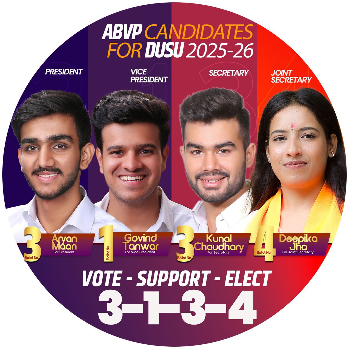 Neeraj00029's tweet photo. It’s time to back leaders who believe in you:
3️⃣ Aryan Maan – President
1️⃣ Govind Tanwar – Vice President
3️⃣ Kunal Choudhary – Secretary
4️⃣ Deepika Jha – Joint Secretary

📌 Panel: ABVP 3134
🗳 Vote for the future. Vote for innovation. Vote for ABVP.

#ABVP4DUSU #ABVP3134 https://t.co/N5MIgVaUhD
